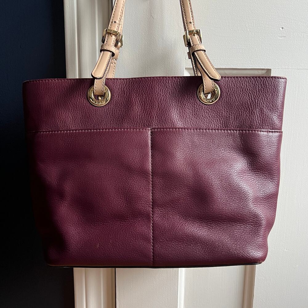 Michael Kors Bedford Pebbled Tote Burgundy Wine Red Leather Shoulder Bag Purse - Picture 2 of 8